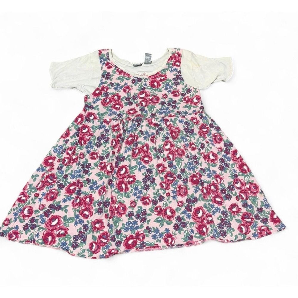 Basic Editions Girls Size 14 Floral Dress Pink Roses White Short SleeveVintage